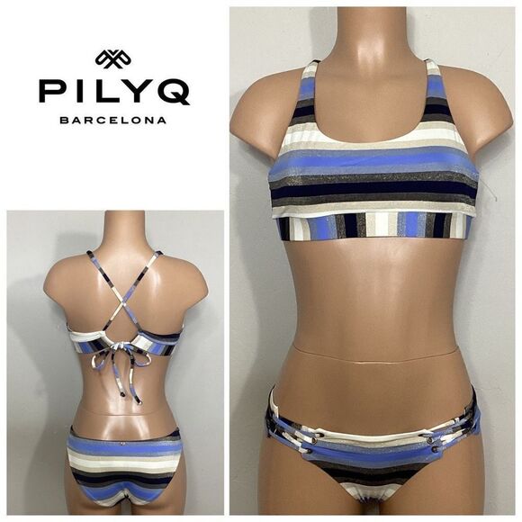 New. PILYQ blue stripe bikini set. L-top/S-bottom - Picture 1 of 9